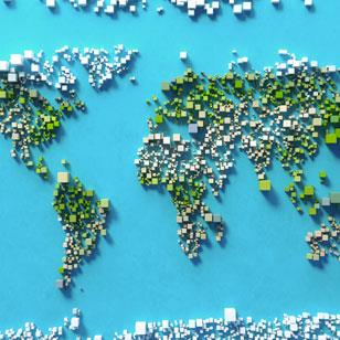 rendition of a global map with squares of green, brown, and white