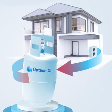 animated house with arrows pointing to opteon cannister 